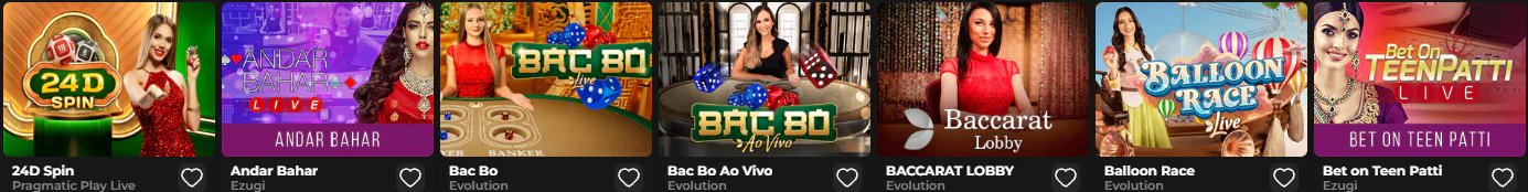 Casino en direct Need4Win avec des jeux comme Bac Bo, Andar Bahar, Balloon Race et Baccarat Lobby d'Evolution, Ezugi et Pragmatic Play Live