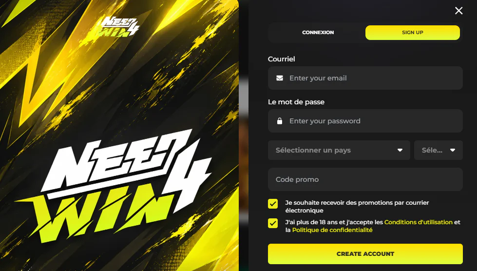 Formulaire d'inscription Need4Win Casino avec champs e-mail, mot de passe, pays et code promo