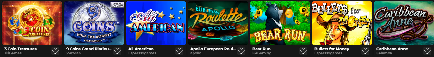 Lobby de jeux Need4Win Casino avec machines à sous et jeux de table comme 3 Coin Treasures, 9 Coins Grand Platinum, Bear Run et Apollo European Roulette