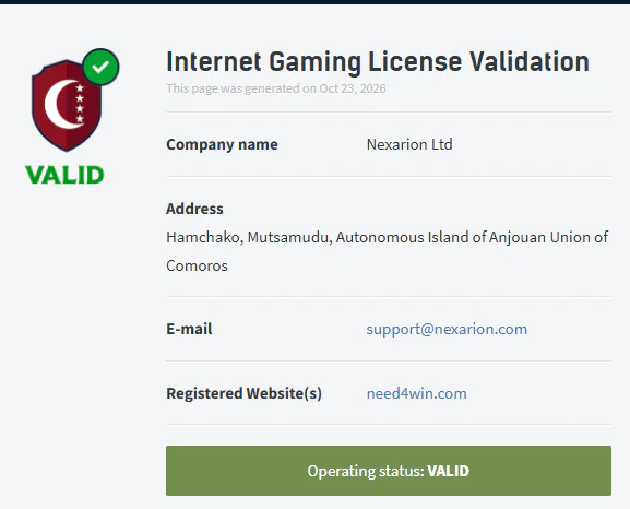 Need4Win Casino Anjouan licence validation page showing Nexarion Ltd with valid operating status for need4win.com