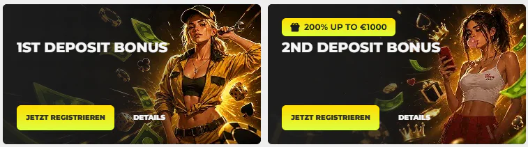 Need4Win Casino Bonusbanner für die erste und zweite Einzahlung, darunter 200 % bis 1000 € auf die zweite Einzahlung