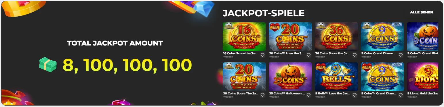 Need4Win Casino Jackpot-Spiele von Wazdan wie 16 Coins, 20 Coins, 36 Coins und 9 Lions mit Anzeige der gesamten Jackpot-Summe