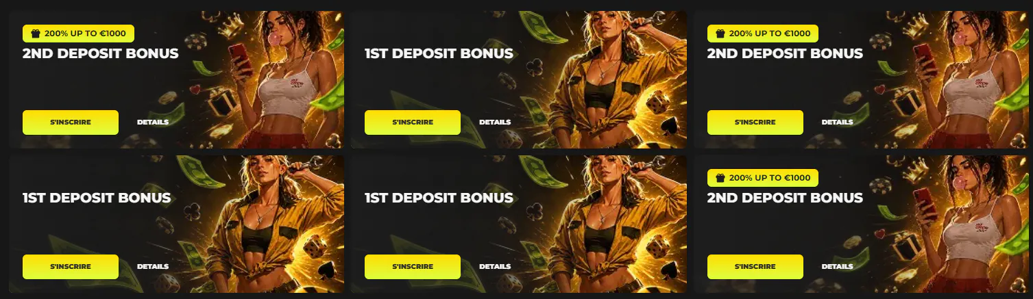 Need4Win Casino promobanners voor de bonus op de eerste en tweede storting, waaronder 200% tot €1000 op de tweede storting