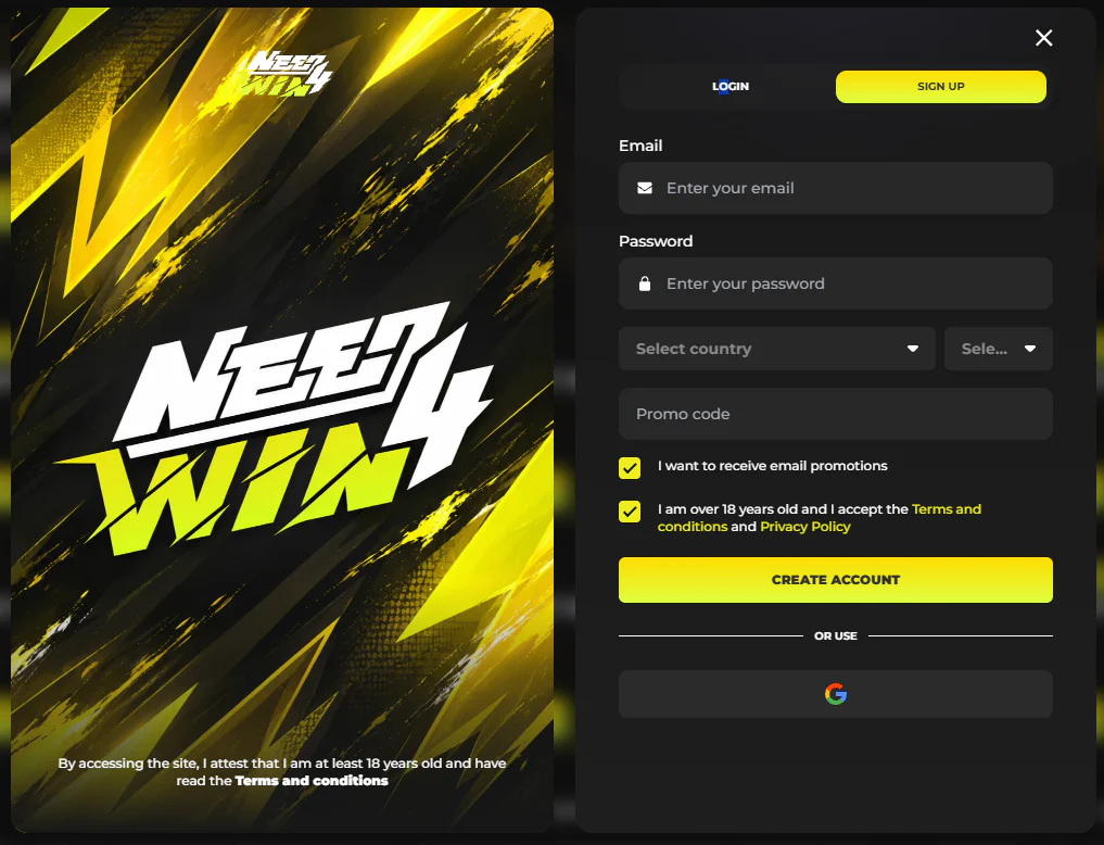 Need4Win Casino registratieformulier met velden voor e-mail, wachtwoord, land en promotiecode plus aanmelden via Google