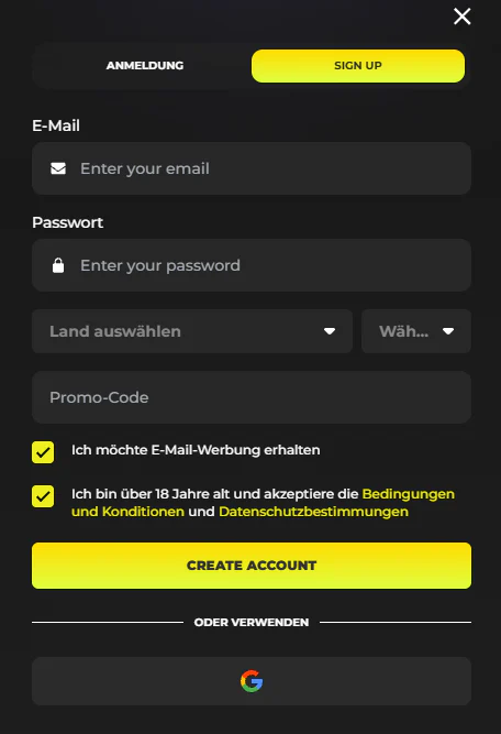 Need4Win Casino Registrierungsformular mit Feldern für E-Mail, Passwort, Land und Promo-Code sowie Anmeldung über Google