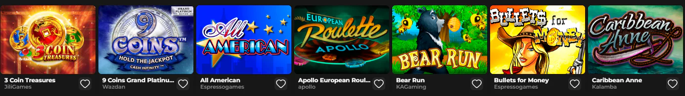 Need4Win Casino spellenlobby met gokkasten en tafelspellen zoals 3 Coin Treasures, 9 Coins Grand Platinum, Bear Run en Apollo European Roulette