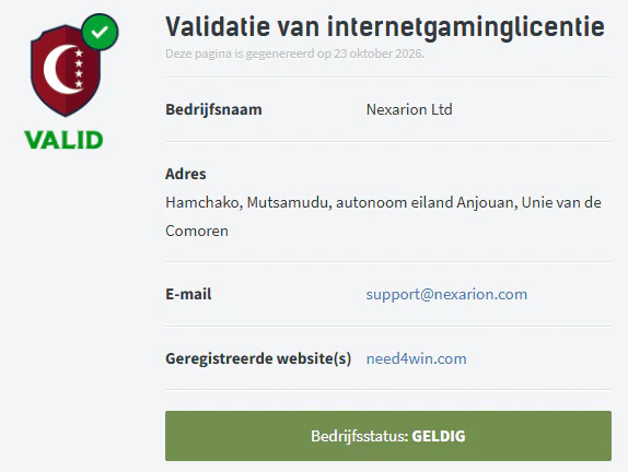 Need4Win Casino validatie van de Anjouan-licentie met Nexarion Ltd, need4win.com als geregistreerde website en status geldig