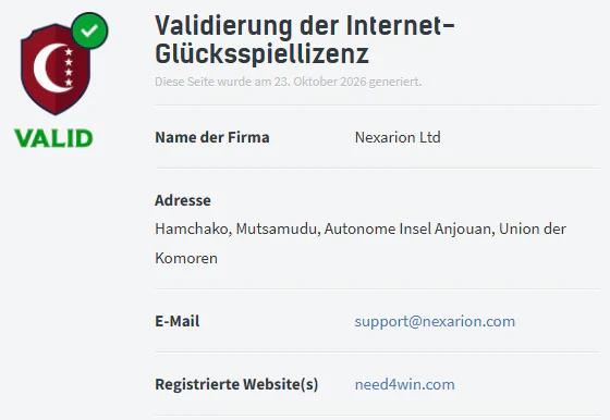 Need4Win Casino Validierung der Anjouan-Lizenz mit Nexarion Ltd als Betreiber und need4win.com als registrierter Website