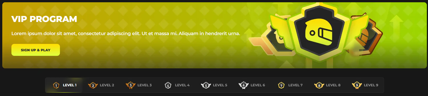 Need4Win Casino VIP-Programm mit Rennhelm-Abzeichen und neun Treuestufen von Level 1 bis Level 9