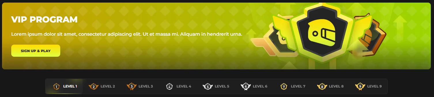 Programme VIP Need4Win Casino avec badge casque de course et neuf niveaux de fidélité du Level 1 au Level 9