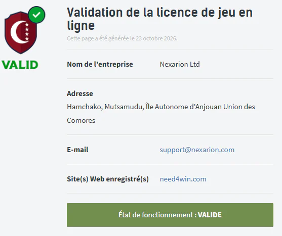 Validation de la licence d'Anjouan de Need4Win Casino avec Nexarion Ltd, need4win.com comme site enregistré et statut valide